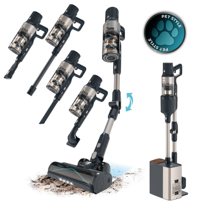 Conga Rockstar 5500 Hurricane Station Pet Flex Stick Vacuum Cleaner with automatic emptying base. 220 aW and 700 W. Flexible hose and parallel cyclone. 90 minutes of runtime in Eco mode. Hairless Brush anti-tangle brush. Special pet hair attachment.