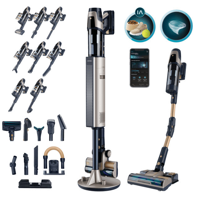 RZ90 AI AquaPet Flex Connected Cordless Stick Vacuum Cleaner with Automatic Emptying Base. 310 aW and 850 W. Flexible Tube. Artificial Intelligence and Particle Counter. App. Pet Brush and WaterTank Cleaning Accessory.